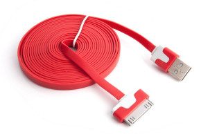  USB кабел тип лента 3 метра за Apple iPhone 4 / 4s / Apple iPad 2 / 3 / Apple iPad Mini червен